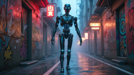 A futuristic robotic figure stands in a neon-lit urban alley, surrounded by vibrant street art and a dense fog. The figure glows with blue lights, adding to the atmosphere.の素材