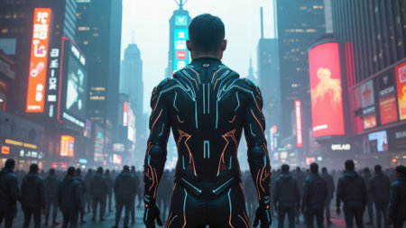 A figure dressed in a glowing suit stands in front of a large crowd in a bustling urban plaza. Skyscrapers surround the area, illuminated with bright advertisements at dusk.の素材