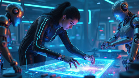 A woman in a high-tech lab interacts with a glowing holographic interface. Two humanoid robots assist her, showcasing collaboration between humans and machines in a modern setting.の素材