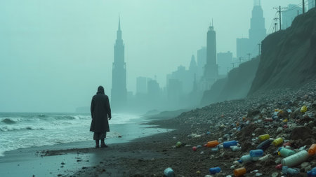 A lone figure walks along a foggy shore, surrounded by mountains of dirty, crumpled plastic bottles. Towering skyscrapers loom in the background, creating a dystopian urban atmosphere.の素材