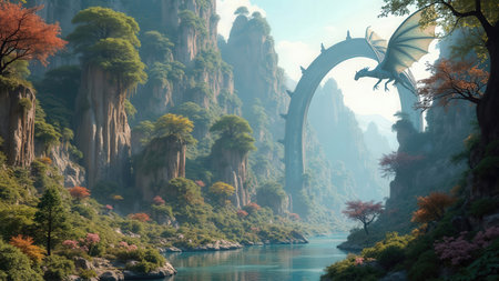 A breathtaking view captures a dragon flying gracefully over vibrant green valleys, surrounded by towering cliffs and a calm river. The scene is illuminated by the soft light of dawn.の素材