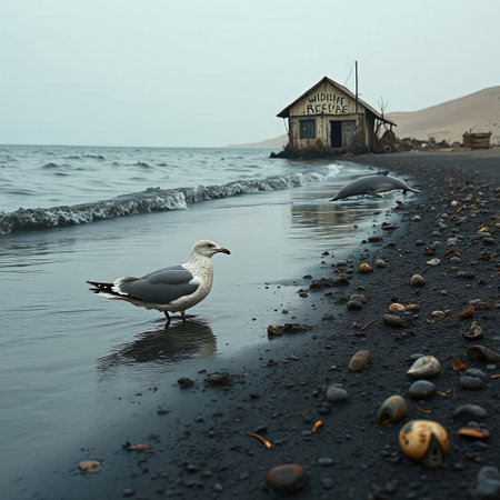 Seagulls roam near the shoreline of a quiet beach under cloudy skies. A rustic wildlife reserve hut sits in the background, surrounded by pebbles and gentle waves.の素材