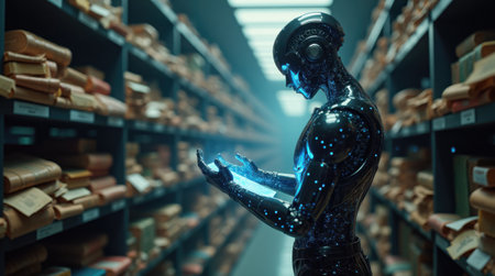 A humanoid robot stands in a high-tech library, closely analyzing digital files. The surrounding shelves glow softly, creating an atmosphere of advanced technology and innovation.の素材