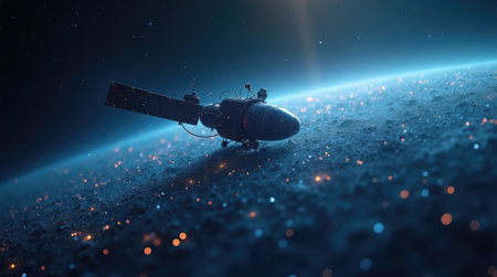 A satellite gracefully orbits Earth, showcasing an array of stars and cosmic particles against a dark, expansive background, highlighting the beauty of the universe.の素材