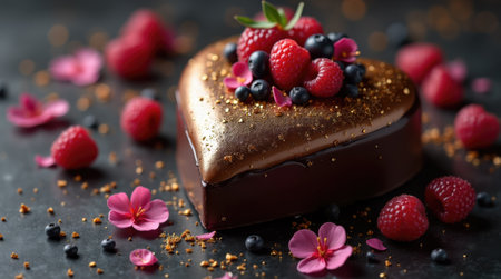 A beautifully crafted heart-shaped chocolate dessert is topped with vibrant raspberries, blueberries, and delicate edible flowers. The glossy finish and colorful accents make it a stunning treat.の素材