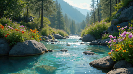A crystal clear river meanders through a verdant valley, flanked by colorful wildflowers and majestic mountains under a bright blue sky, creating a peaceful natural oasis.の素材