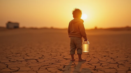 A child stands barefoot on dry, cracked earth, holding a transparent jar filled with water. The sun sets on the horizon, casting a warm glow in the evening sky.の素材