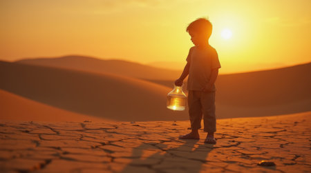 A young boy stands in a vast desert landscape, holding a glowing lantern as the sun sets. The dry, cracked earth and warm colors highlight the scene's sense of isolation and endurance.の素材