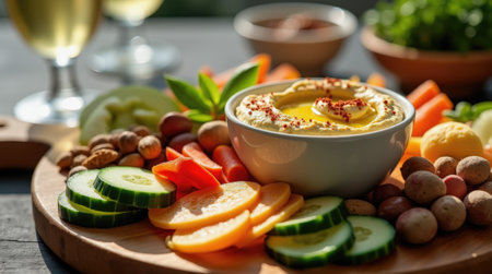 Freshly cut cucumbers, carrots, and radishes surround a bowl of creamy hummus, perfect for sharing at a sunny outdoor gathering with friends.の素材