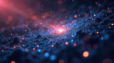 A vibrant cosmic landscape filled with colorful particles and a glowing light source illuminates the surrounding textures. The soft hues create an ethereal atmosphere reminiscent of deep space.の素材