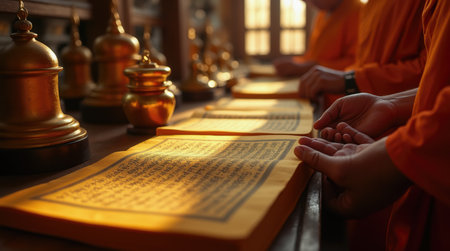 Monks dressed in orange robes are focused on reading sacred texts within a tranquil temple. The warm afternoon light creates a peaceful atmosphere, enhancing their meditation.の素材
