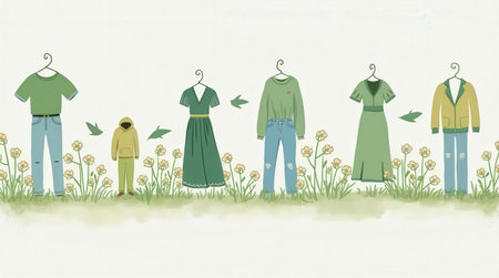 A series of casual outfits hangs on hooks amidst blooming flowers. The garments include a hoodie, dress, and various tops and bottoms, all presented in a vibrant, inviting setting.の素材