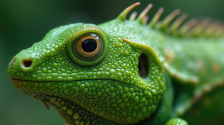 A vibrant green lizard with textured skin is perched on a branch surrounded by lush foliage. Sunlight filters through the leaves, highlighting its unique features.の素材