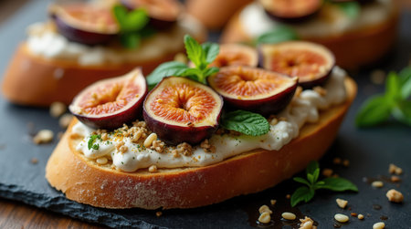 A gourmet snack features crispy bruschetta artisanally topped with creamy cheese, fresh fig slices, and vibrant mint leaves, placed on a rustic slate surface. Perfect for sharing.の素材