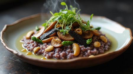 A vibrant dish featuring violet grains, garnished with fresh greens, nuts, and mushrooms is beautifully presented on a rustic plate in a warm, inviting restaurant setting.の素材