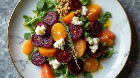 A colorful salad features sliced beets and citrus fruits atop fresh greens, garnished with goat cheese and walnuts on a marble-patterned plate. This dish is perfect for a healthy lunch.の素材