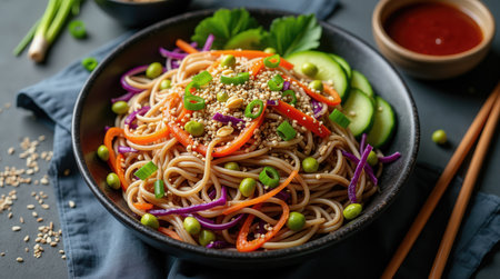 A vibrant bowl of vegetable soba noodles features colorful peppers, cucumbers, and sesame seeds. Accompanied by dipping sauce, this dish is perfect for a refreshing meal.の素材