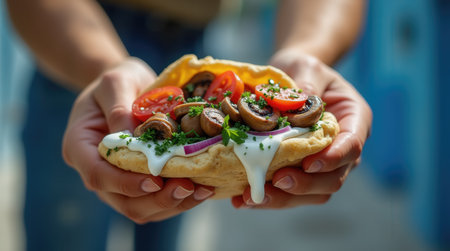 A person holds a freshly made flatbread filled with mushrooms, tomatoes, onions, and creamy sauce against a colorful background. The vibrant colors enhance the appetizing view.の素材