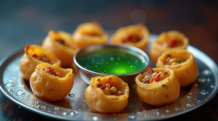 A platter showcases crispy snacks filled with a flavorful mixture, paired with a vibrant green dipping sauce. The dish is ideal for sharing and enjoying flavorful bites.の素材