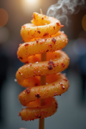 A seasoned spiral potato snack is being held on a wooden stick at a bustling street fair. The snack is golden brown, smoky, and coated with spices, drawing attention.の素材