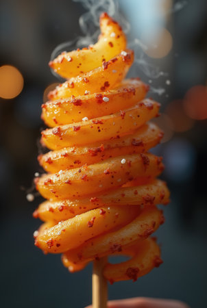 A hand holds a vibrant spiral potato snack on a wooden stick, covered in seasoning. The background features softly blurred lights and the lively atmosphere of a street fair.の素材