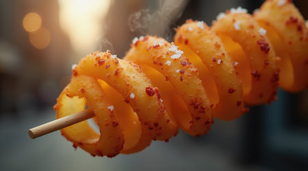 A freshly prepared potato spiral snack is served on a skewer, with a golden-brown appearance sprinkled with salt and spices.の素材