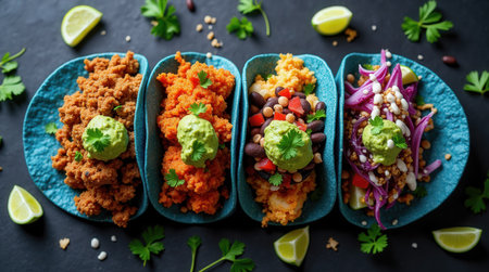 Four colorful tacos filled with various ingredients such as beans, vegetables, and seasoned meat are arranged neatly.の素材