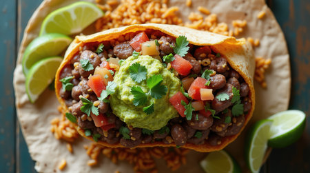 A vibrant burrito filled with black beans, diced tomatoes, and guacamole sits atop a bed of rice. Garnished with fresh cilantro and lime wedges, it offers a colorful presentation.の素材