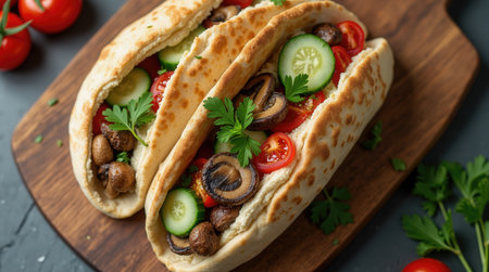 Two warm flatbreads are filled with a colorful mix of cherry tomatoes, cucumbers, sautの素材