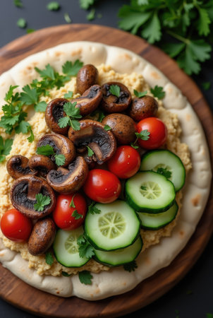 A colorful flatbread features a generous layer of hummus, garnished with sautの素材