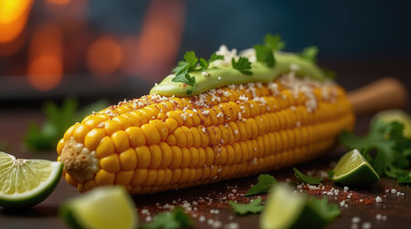 Freshly cooked corn on the cob is topped with rich avocado cream, bright cilantro, and served with lime wedges for a refreshing taste. The vibrant colors enhance the dish's appeal.の素材
