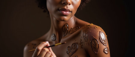 A woman applies chocolate body paint with a brush, intricately decorating her shoulder with leaf patterns. The warm lighting enhances the art and her focused expression.の素材