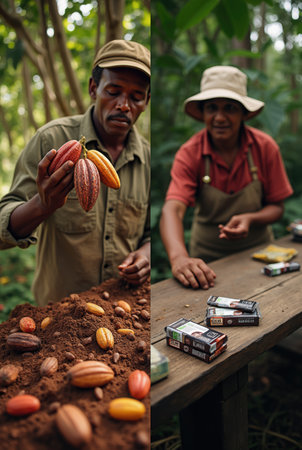 Two farmers carefully handle cacao pods and process cocoa beans surrounded by rich greenery. The early morning light casts a warm glow over their work area, highlighting their dedication.の素材