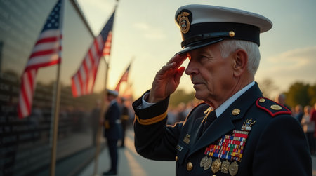 A veteran in a military uniform salutes solemnly at a memorial surrounded by flags, paying tribute during a sunset gathering with fellow service members and visitors.の素材