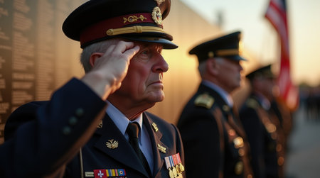 Veterans stand solemnly in uniform, saluting as the sun sets behind a memorial wall filled with names of fallen soldiers. The atmosphere is reflective and respectful during this poignant ceremony.の素材