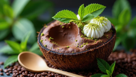 Rich chocolate mousse is beautifully presented in a coconut shell, topped with mint leaves and cream, surrounded by coffee beans and fresh mint, creating an inviting dessert.の素材
