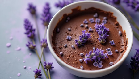 A creamy chocolate dessert sits in a white bowl, beautifully topped with fresh lavender flowers. Purple hues from the flowers contrast against the rich chocolate, creating an appealing visual.の素材