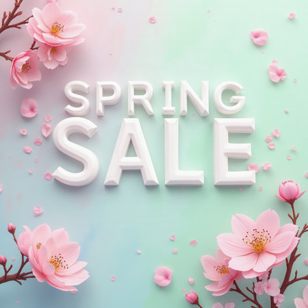 Spring sale features white bold text surrounded by pink cherry blossoms and petals against a pastel green and blue gradient, creating a festive and inviting atmosphere for shopping.の素材