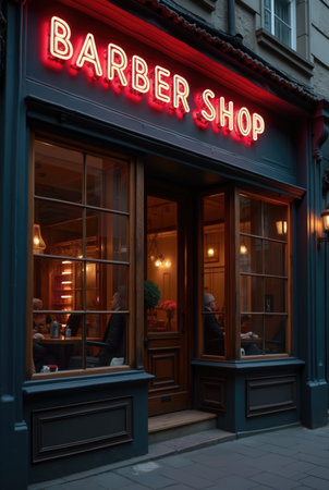 The barber shop features large windows showcasing customers enjoying haircuts in a cozy setting filled with warm light. It's evening, and the atmosphere is inviting.の素材