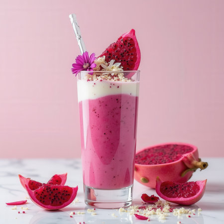A vibrant dragon fruit smoothie fills a tall glass, topped with cream, fresh fruit pieces, and colorful edible flowers. The backdrop is a soft pink, enhancing the smoothie's bright colors.の素材