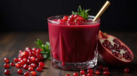 Bright, rich pomegranate juice is presented in a clear glass, topped with fresh pomegranate seeds and mint leaves, set on a rustic wooden table.の素材