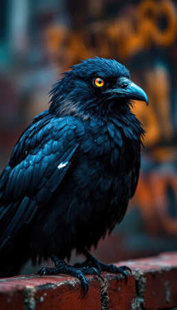 A striking black raven stands on a weathered brick wall, showing its glossy feathers and bright orange eyes. The background features blurred urban graffiti, hinting at a lively city atmosphere.の素材