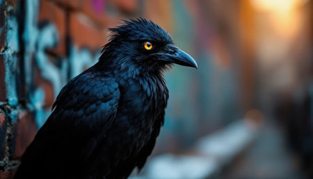 A striking black bird sits on a weathered brick wall, illuminated by the warm glow of a sunset. Vibrant graffiti adds an artistic touch to the urban landscape.の素材