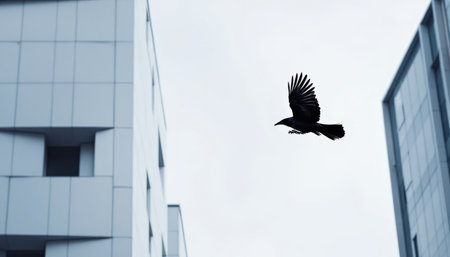 A solitary bird flies gracefully between sleek, contemporary buildings. The overcast sky adds to the urban atmosphere, showing the blend of nature and architecture.の素材