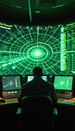 A personnel monitors multiple screens in a high-tech control room, analyzing radar information and data visualization in a sophisticated environment, highlighting intense focus.の素材