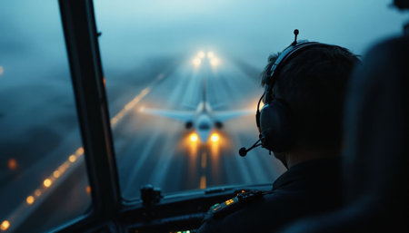 A pilot focuses intensely in the cockpit, preparing for takeoff. Fog blankets the runway, with another aircraft illuminated by its lights approaching in the distance.の素材