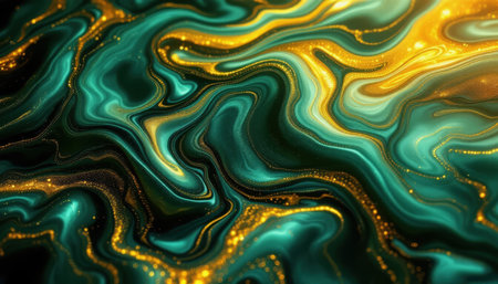 Vivid swirls of green and gold create an abstract composition with a smooth flow and sparkling details. The colors blend seamlessly, evoking a sense of movement and dynamism.の素材