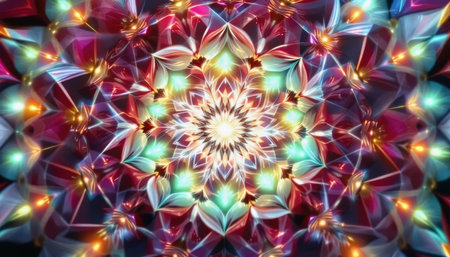 A vibrant kaleidoscope pattern showcases intricate designs and vivid colors. The swirling shapes create a mesmerizing visual display, highlighting an artistic representation of beauty and symmetry.の素材