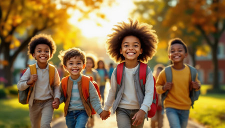 A group of children walks together to school, bright smiles on their faces. They wear colorful backpacks and are surrounded by trees with golden leaves glowing in the afternoon sun.の素材