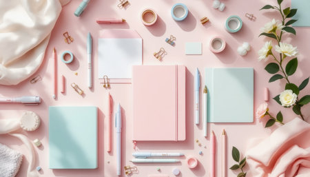 A neat arrangement of pastel-colored stationery items, including notebooks, pens, and decorative tape, surrounded by delicate flowers, creating an inviting workspace atmosphere.の素材